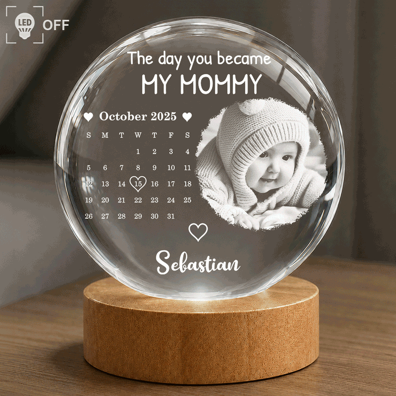 Custom Photo,New baby,New Mom,New Dad,Happy - Custom Photo Calendar The Day You Became My Mommy - Personalized Crystal Globe Lamp