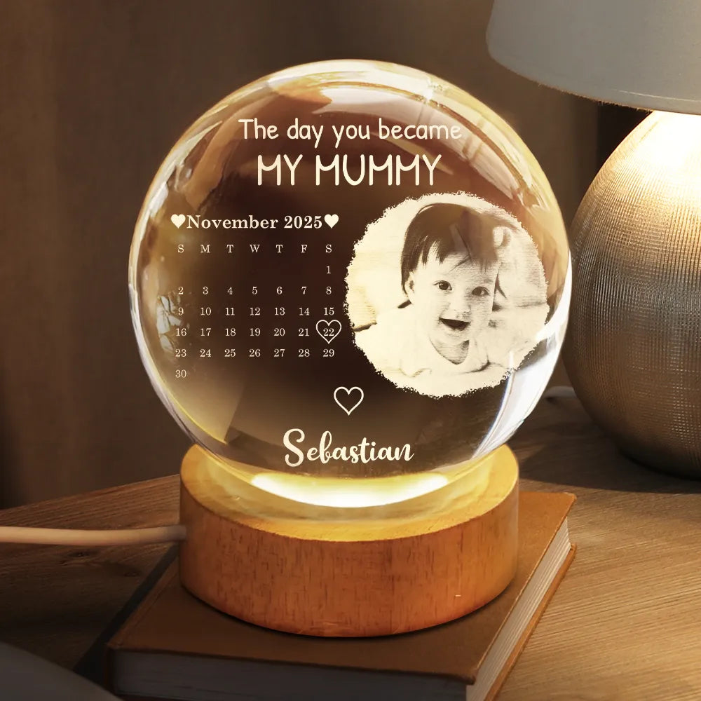Custom Photo,New baby,New Mom,New Dad,Happy - Custom Photo Calendar The Day You Became My Mommy - Personalized Crystal Globe Lamp
