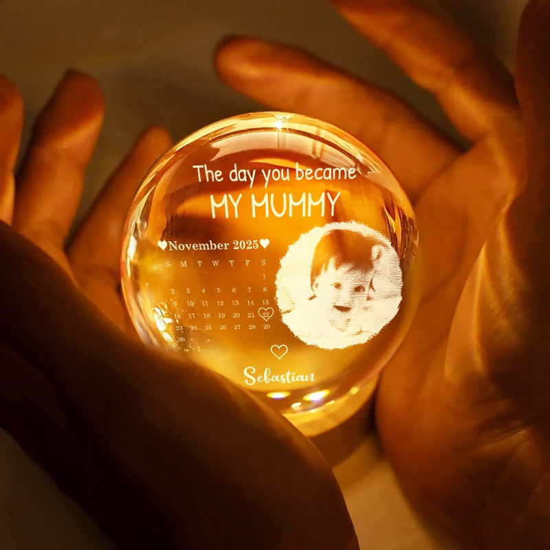 Custom Photo,New baby,New Mom,New Dad,Happy - Custom Photo Calendar The Day You Became My Mommy - Personalized Crystal Globe Lamp