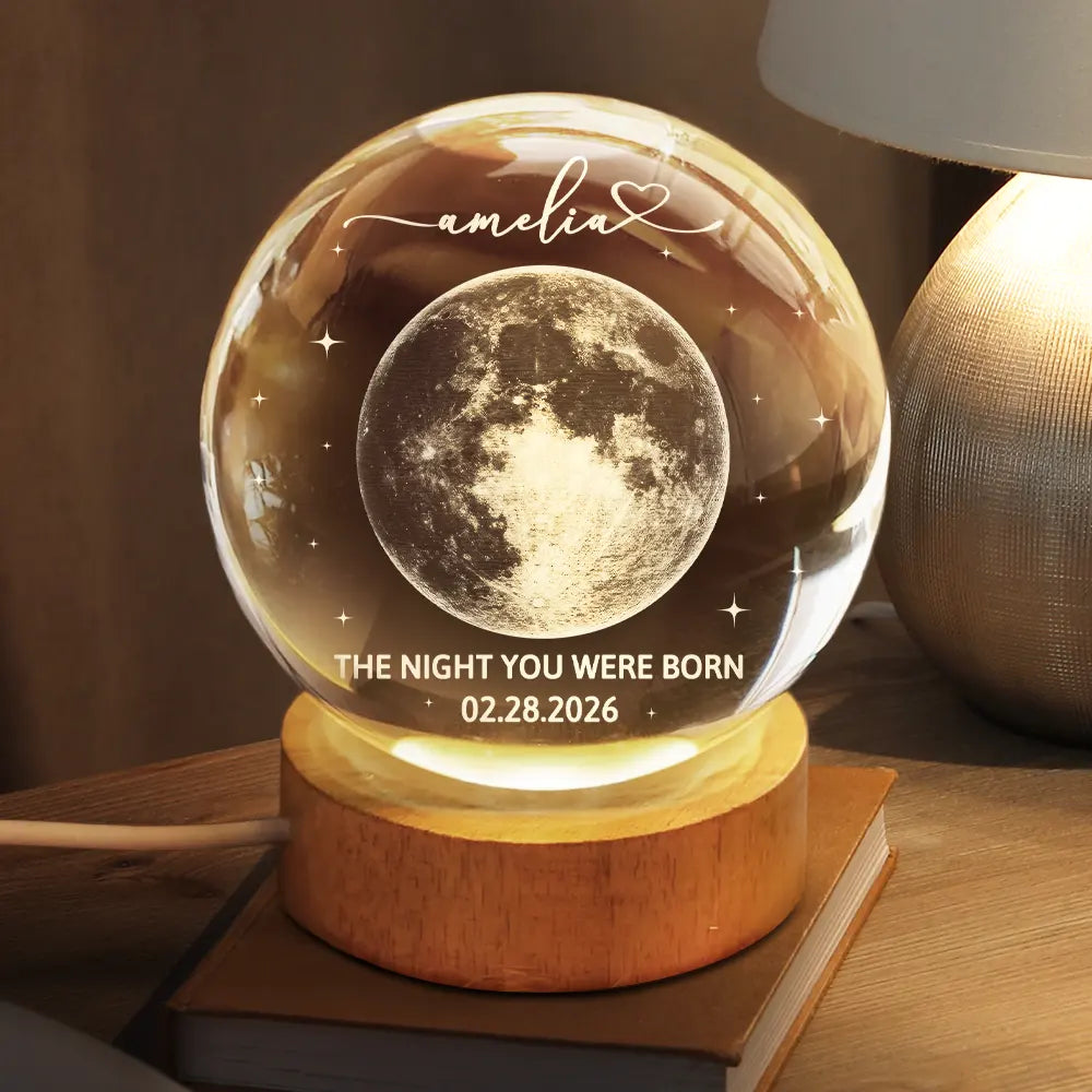 New Mom, New baby, New Dad, Happy - Moon Phase The Night You Were Born - Personalized Crystal Globe Lamp 
