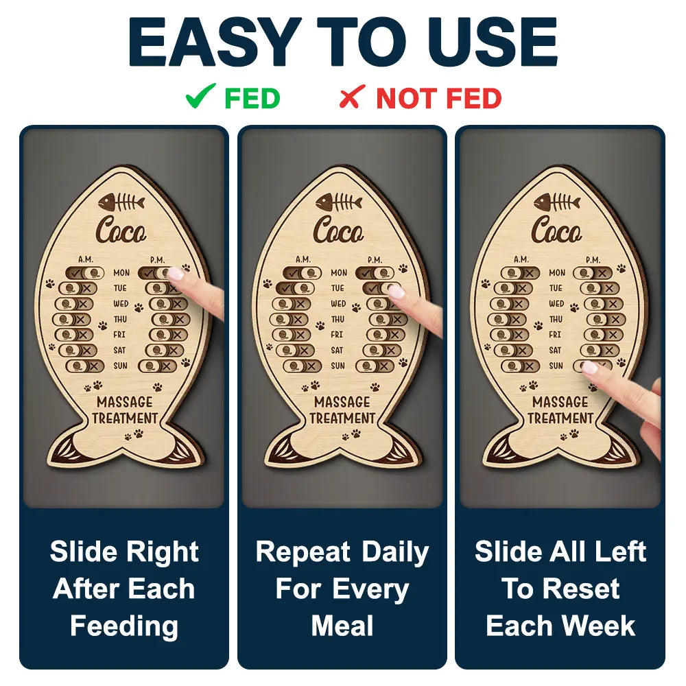 Cat Lovers,Cat Mom,Cat Couple,Cat Dad - Fish Bone Shaped Feeding And Medication Tracker - Personalized Wooden Pet Feeding Reminder