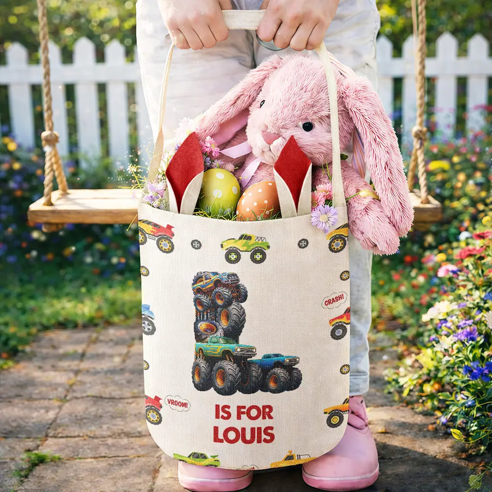 Gift For Kids,Grandpa,Grandkids,Grandma,Gift For Grandkids,Easter - Kid Monster Truck Toy Container Monogram Initial - Personalized Bunny Ears Bucket Bag