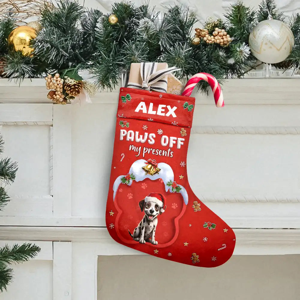 Dog Lovers, Dog Mom, Dog Dad, Dog Couple, Christmas, Happy - Paws Off My Presents 3D Effect Christmas Dog - Personalized Christmas Stocking
