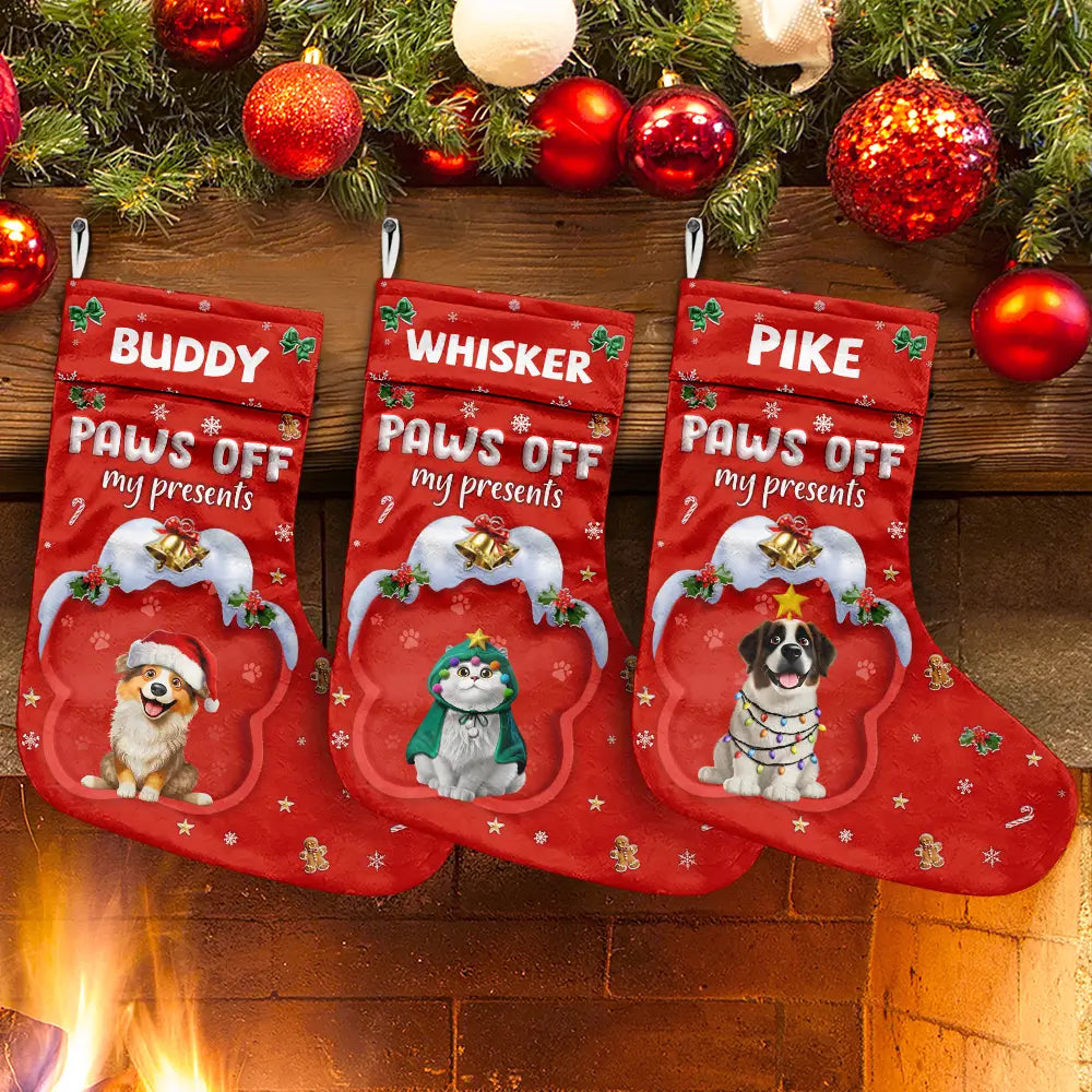 Paws Off My Presents 3D Effect Christmas Dog - Personalized Christmas Stocking