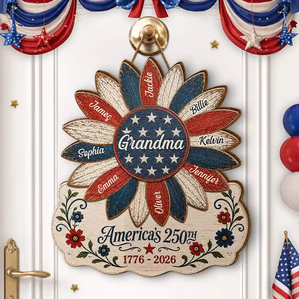 America 250th,Independence Day,Gift For Grandma,Top Market,Adorable,Custom Text - US Flag Grandma Sunflower 250th Anniversary - Personalized Custom Shaped Wood Sign