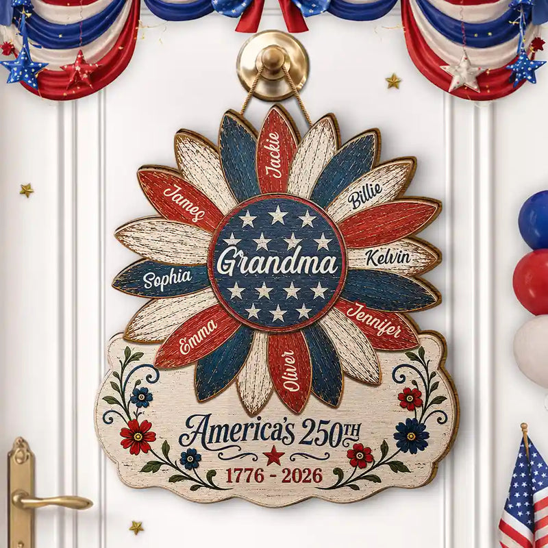 America 250th,Independence Day,Gift For Grandma,Top Market,Adorable,Custom Text - US Flag Grandma Sunflower 250th Anniversary - Personalized Custom Shaped Wood Sign