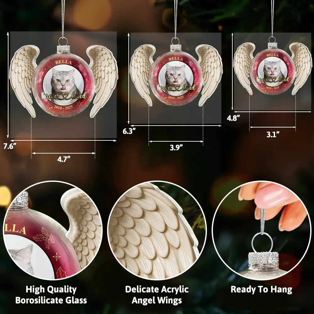 Memorial,Pet Lovers,Custom Photo,Sad,Christmas - Custom Photo Angel Wings Paw Pet Memorial Forever Loved - Personalized Custom Shaped Glass Ornament