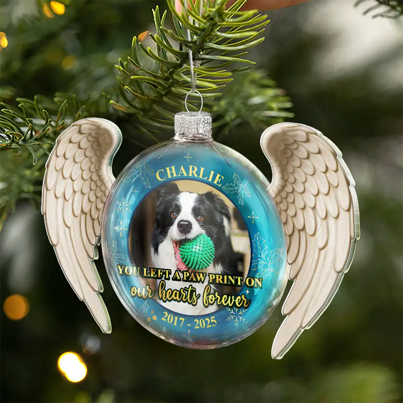 Memorial,Pet Lovers,Custom Photo,Sad,Christmas - Custom Photo Angel Wings Paw Pet Memorial Forever Loved - Personalized Custom Shaped Glass Ornament