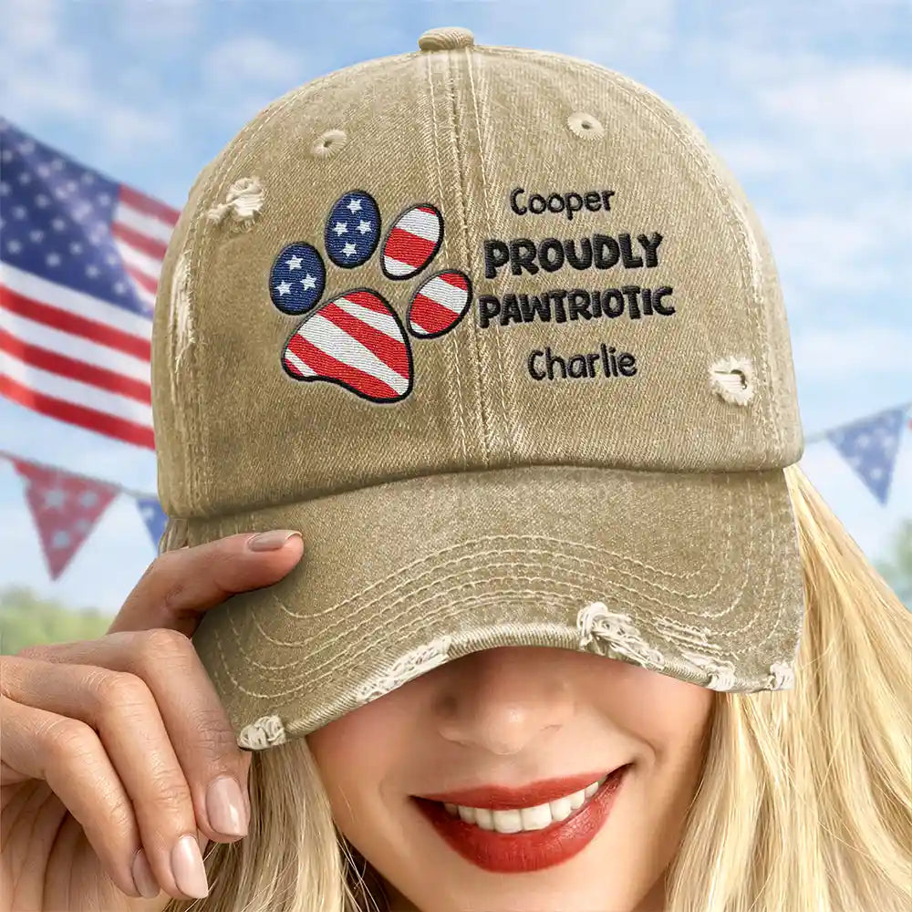 Pet Lovers,Independence Day,Happy - America Proudly Pawtriotic Custom Pet Name - Personalized Embroidered Distressed Cap