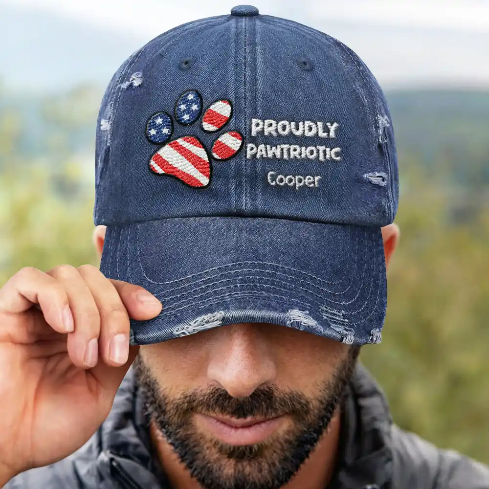 Pet Lovers,Independence Day,Happy - America Proudly Pawtriotic Custom Pet Name - Personalized Embroidered Distressed Cap