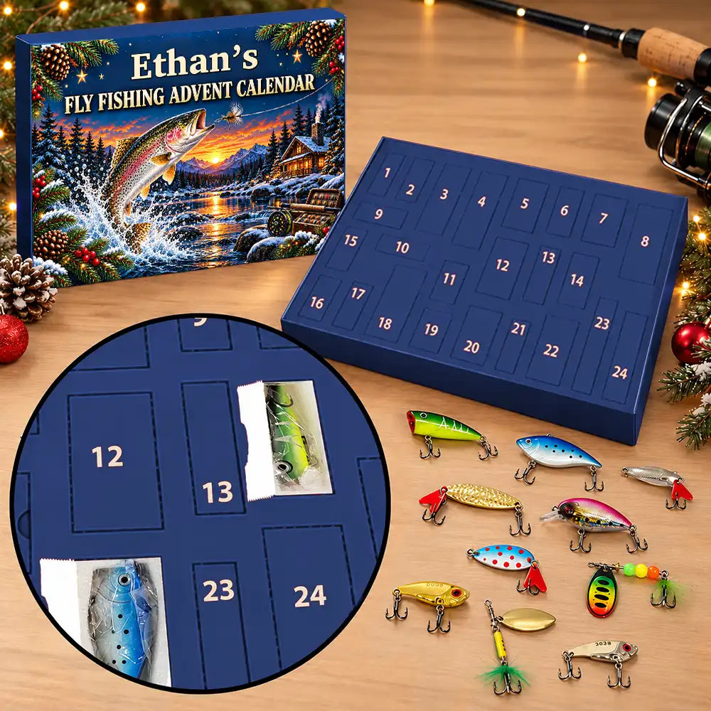 Christmas, Custom Text, Fishing, Happy - Fishing Gift For Husband And Son, Daughter - Personalized Custom Name Christmas Countdown Box Advent Calendar