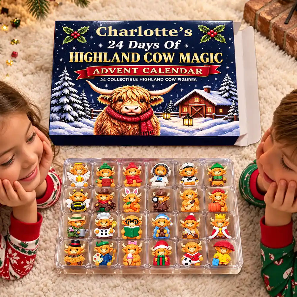 Adorable,Christmas,Custom Text,Gift For Kids - Custom Name Highland Cow Building Brick Blocks - Personalized Christmas Countdown Advent Calendar