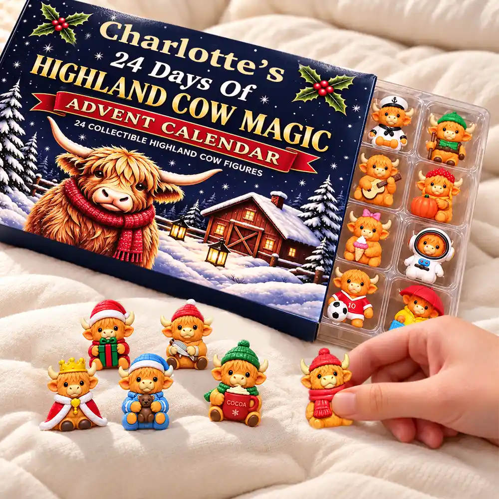 Adorable,Christmas,Custom Text,Gift For Kids - Custom Name Highland Cow Building Brick Blocks - Personalized Christmas Countdown Advent Calendar