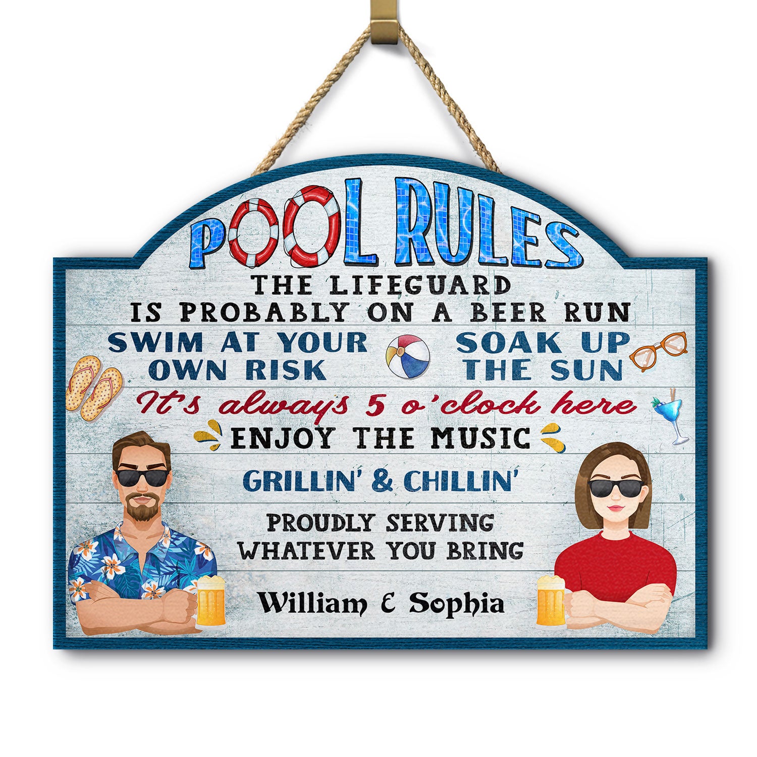 Pool Rules Swim At Your Own Risk Grilling Flat Art - Home Decor, Backyard Decor, Gift For Her, Him, Family, Couples, Husband, Wife - Personalized Custom Shaped Wood Sign