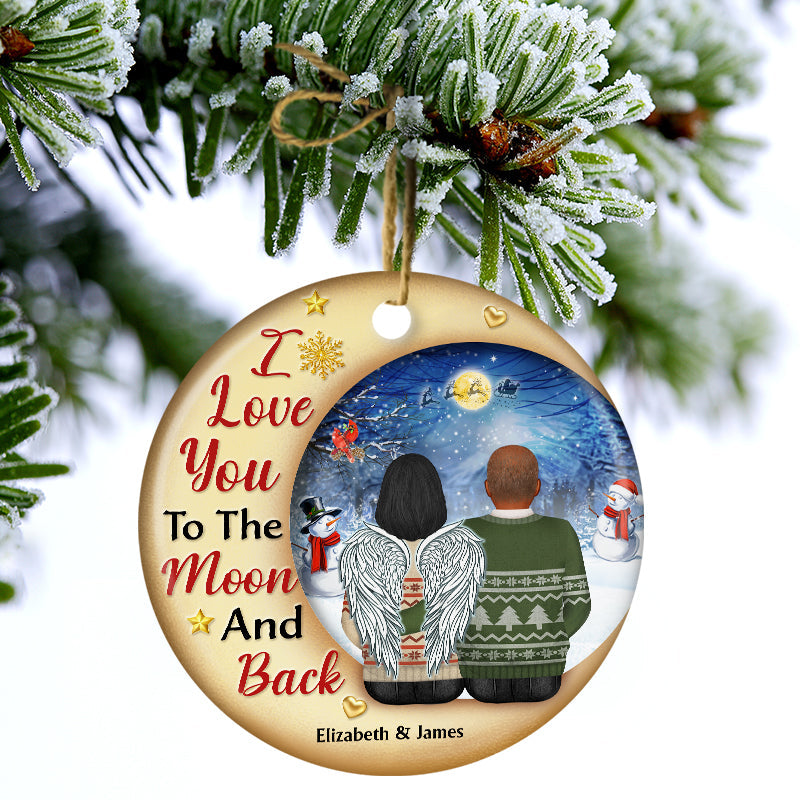 Christmas Couple I Love You To The Moon And Back - Christmas Gift For Couple - Personalized Custom Circle Ceramic Ornament