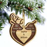 Deer Couple He Keeps Me Safe - Christmas Gift For Couple - Personalized Custom 2 Layered Wooden Ornament