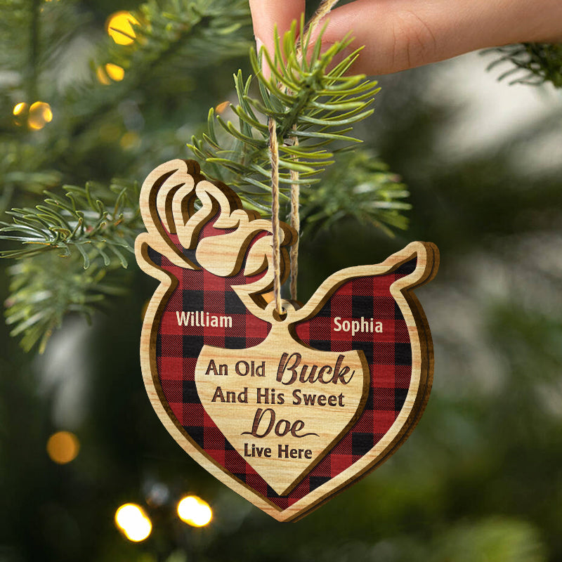 Deer Couple Live Here - Christmas Gift For Couple - Personalized Custom 2 Layered Wooden Ornament