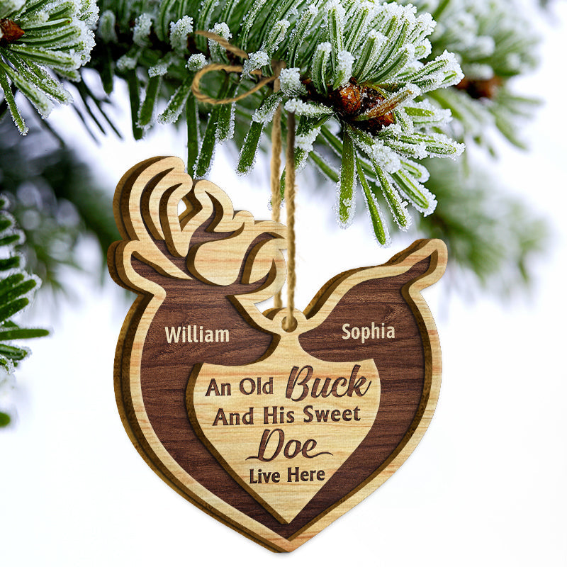 Deer Couple Live Here - Christmas Gift For Couple - Personalized Custom 2 Layered Wooden Ornament