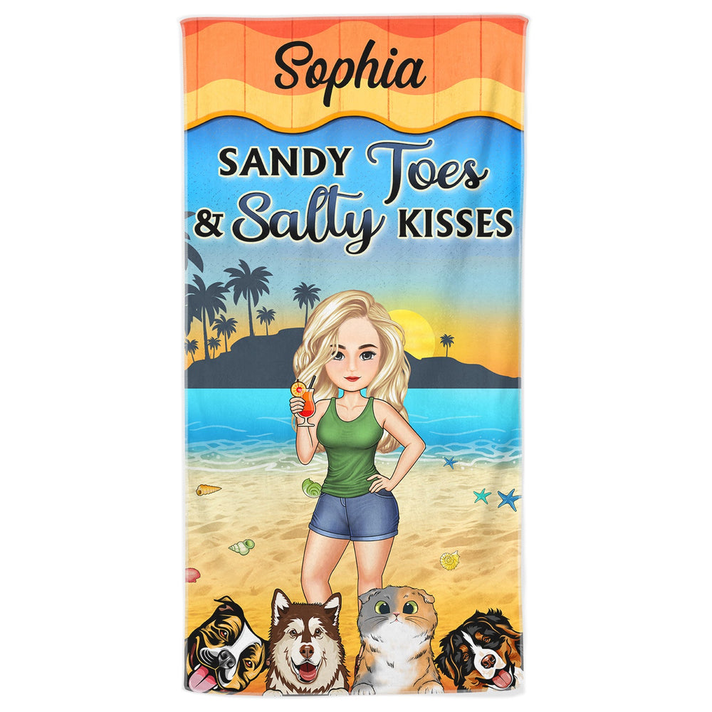 Orteils sablonneux et baisers salés, dessin animé, plage, natation, pique-nique, vacances, voyage - Cadeau d'anniversaire amusant pour elle, lui, amoureux des chiens, amoureux des chats - Serviette de plage personnalisée