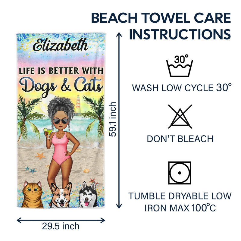 Sandy Toes And Salty Kisses Cartoon Beach Swimming Picnic Vacation Traveling - Birthday, Funny Gift For Her, Him, Dog Lovers, Cat Lovers - Personalized Custom Beach Towel