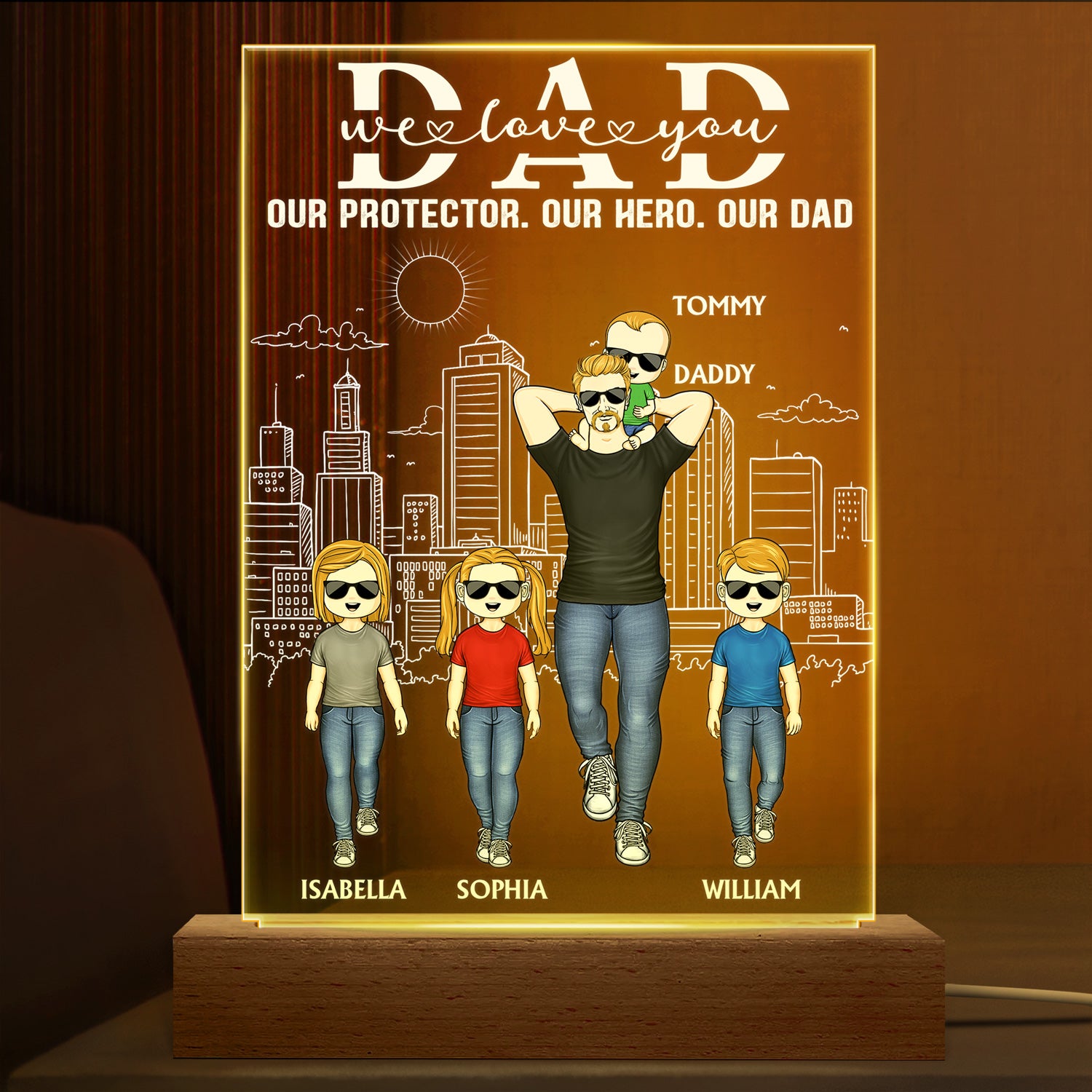 Daddy Our Protector Our Hero Our Dad - Birthday Gift For Father, Family - Personalized Custom 3D Led Light Wooden Base
