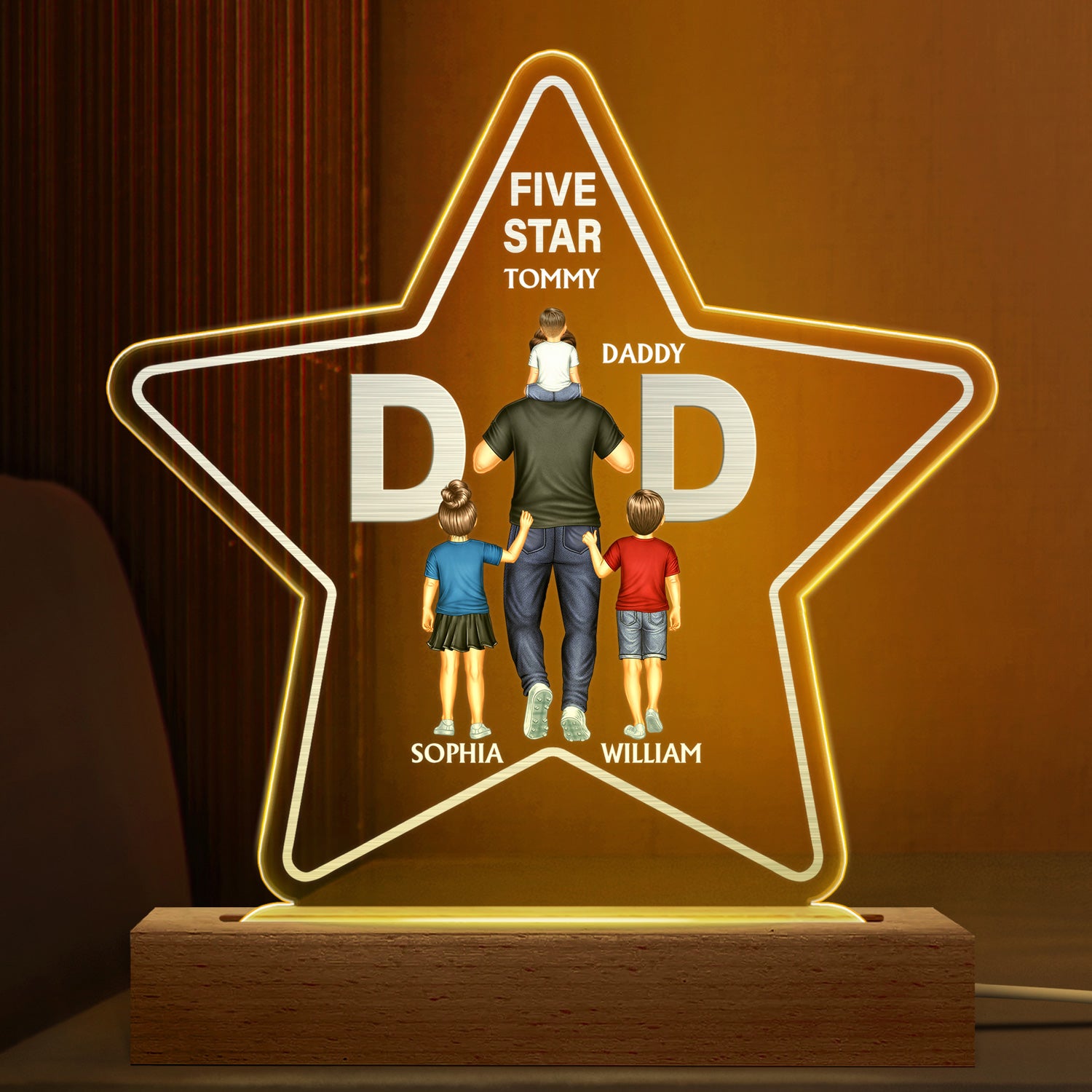 Five Star Dad - Birthday Gift For Father, Family - Personalized Custom 3D Led Light Wooden Base