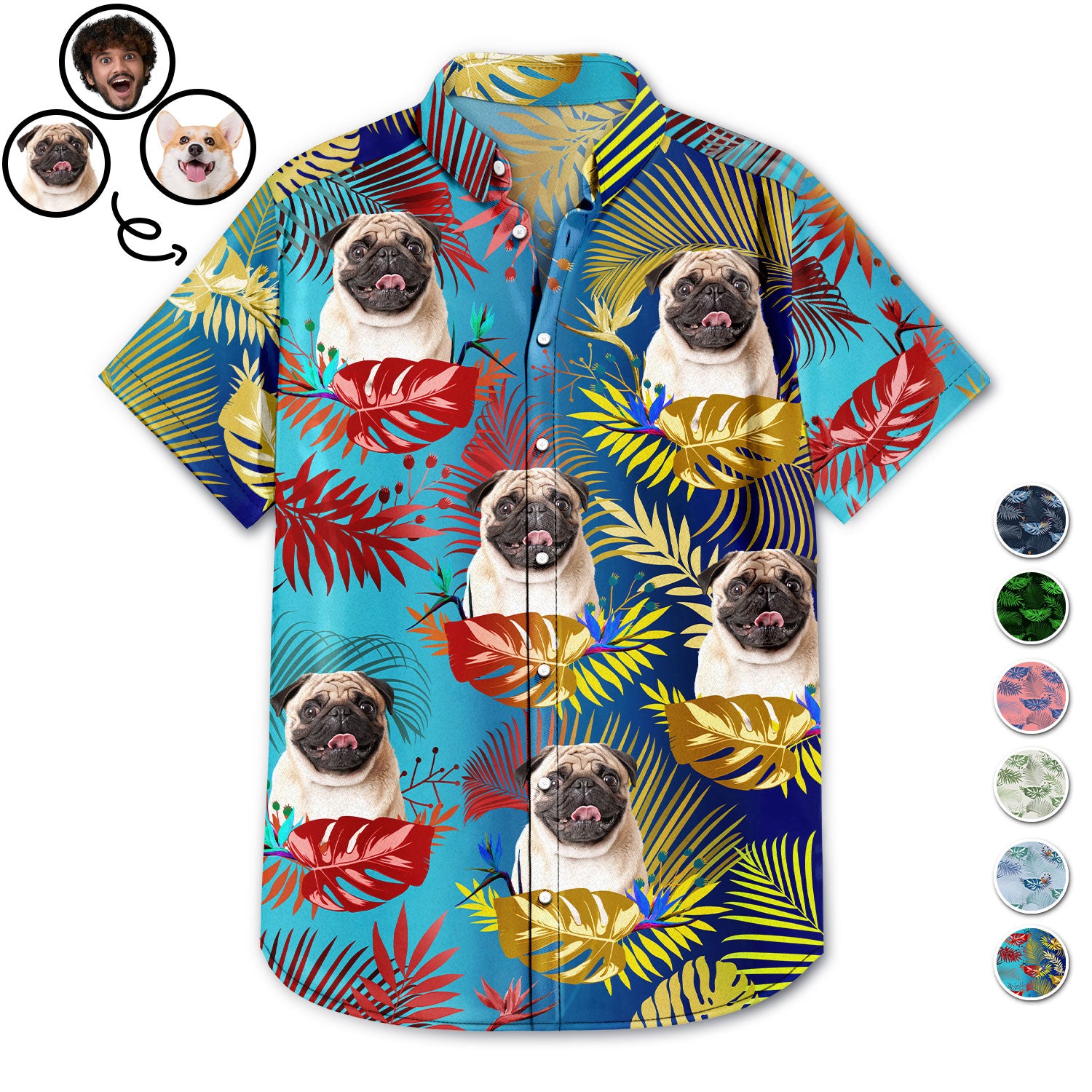 Custom Photo Funny Family Pet Face Tropical Leaf - Gift For Men, Dog And Cat Lovers - Personalized Custom Hawaiian Shirt