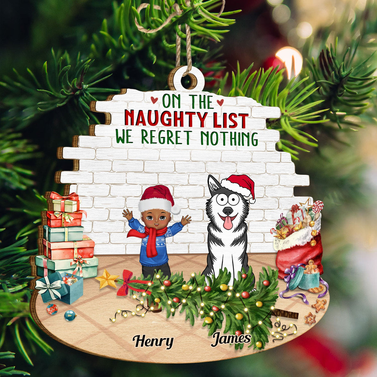 Joyeux enfants, animaux de compagnie sur la liste des vilains, nous ne regrettons rien - Cadeau de Noël pour la famille, les grands-parents - Décoration en bois personnalisée en forme personnalisée