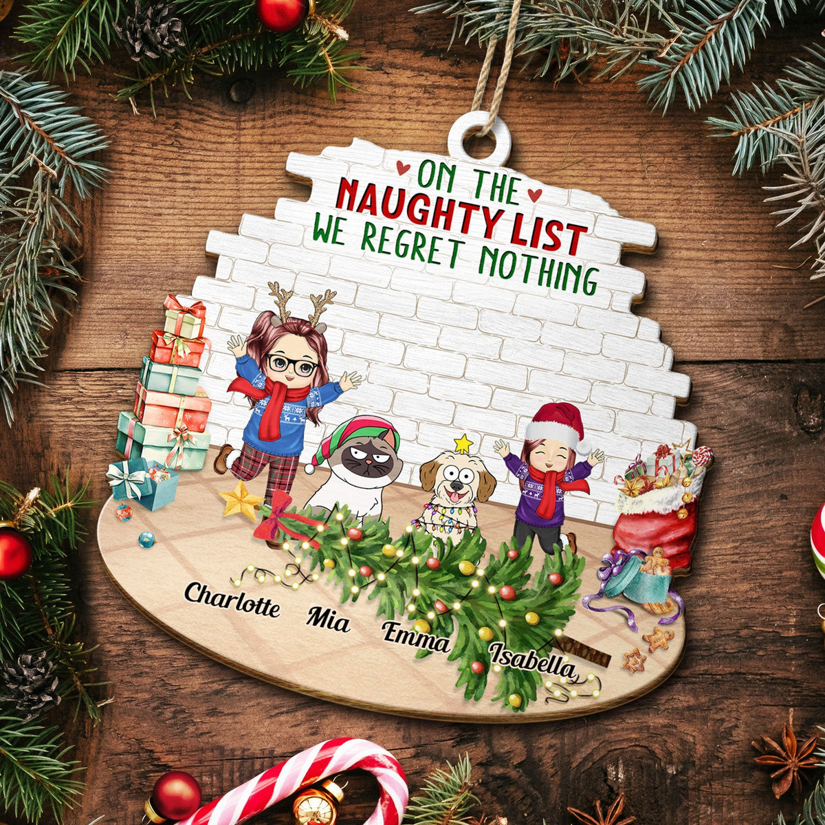 Joyeux enfants, animaux de compagnie sur la liste des vilains, nous ne regrettons rien - Cadeau de Noël pour la famille, les grands-parents - Décoration en bois personnalisée en forme personnalisée