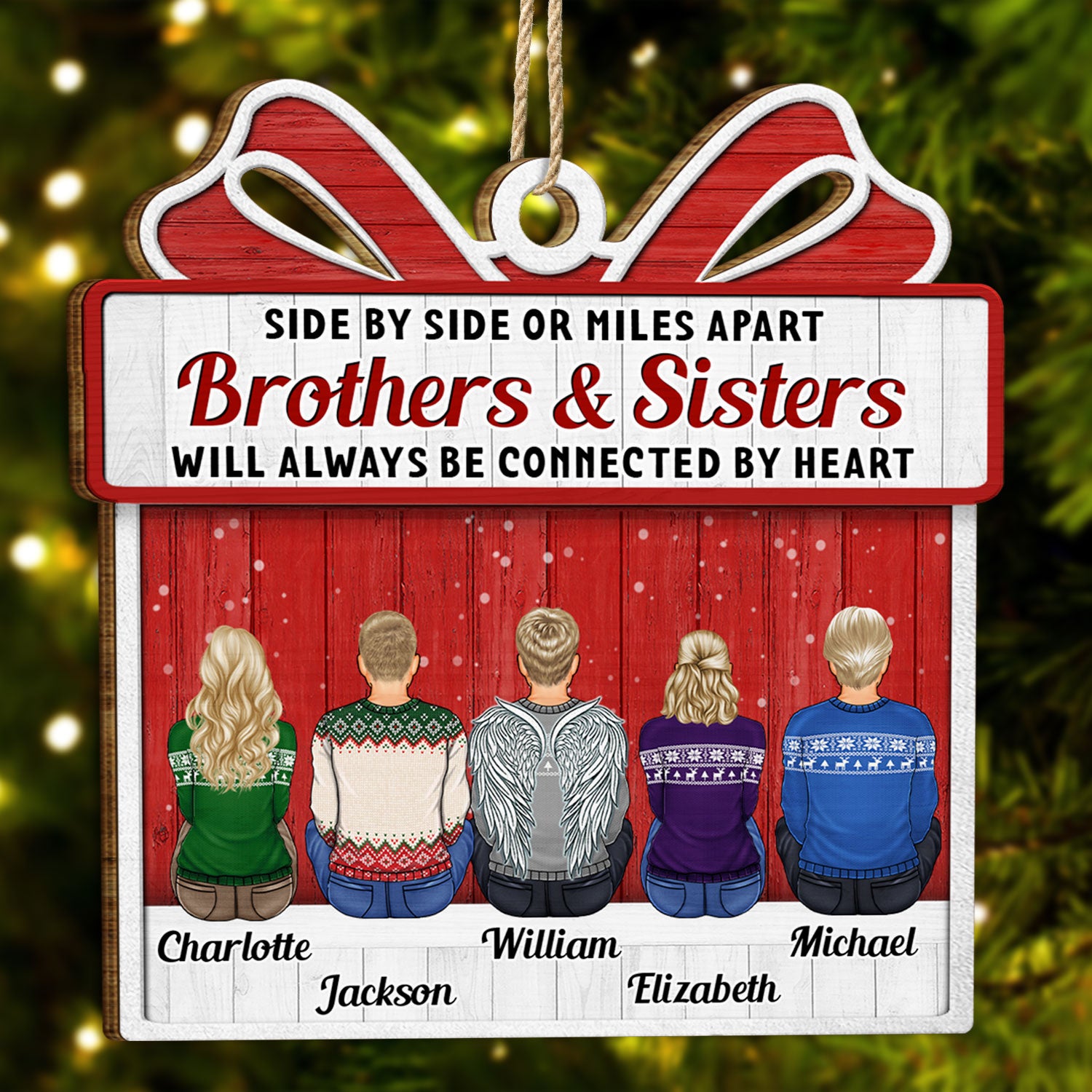 Side By Side Or Miles Apart Brothers And Sisters - Christmas Gift For Siblings, Family - Personalized Custom Shaped Wooden Ornament