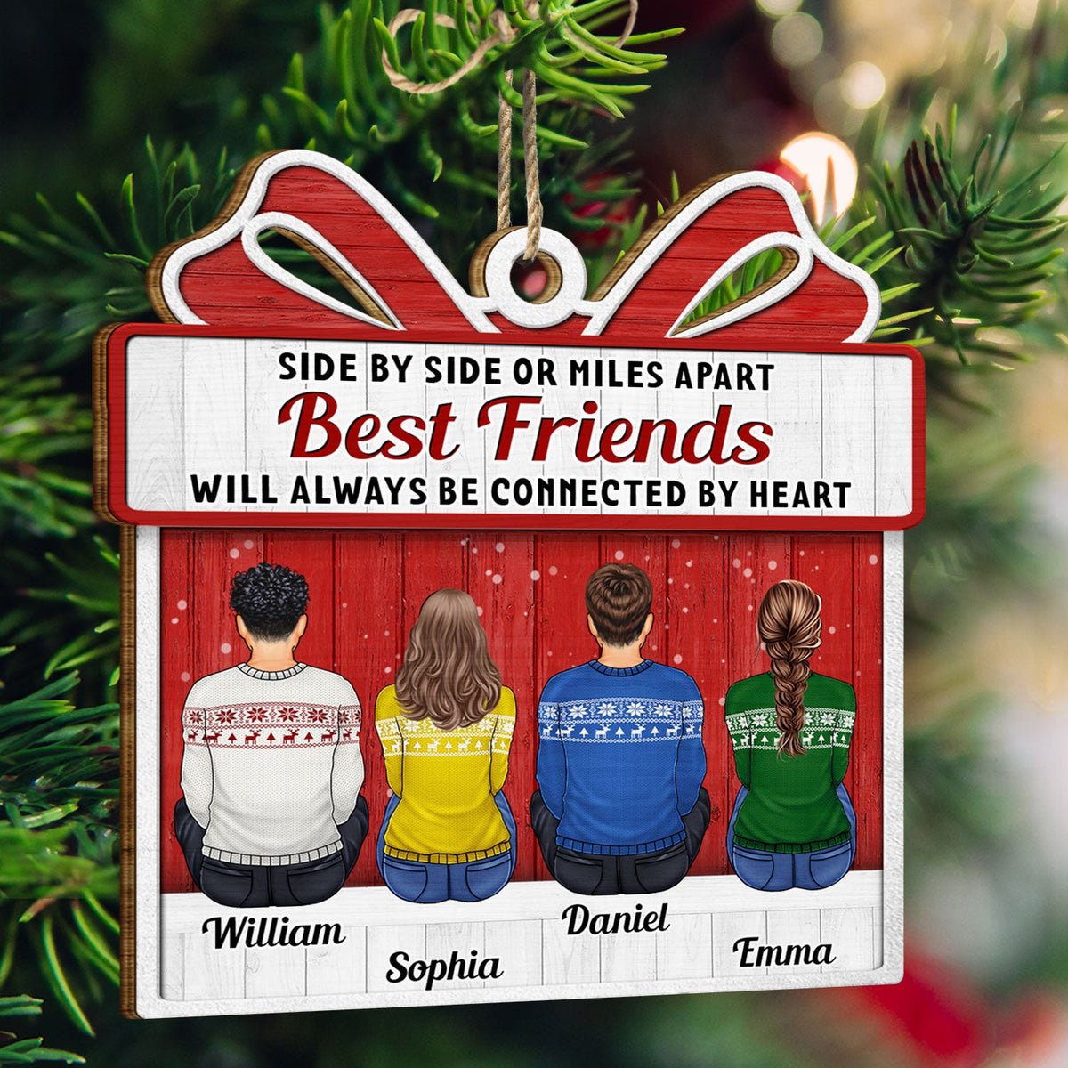 Side By Side Or Miles Apart Brothers And Sisters - Christmas Gift For Siblings, Family - Personalized Custom Shaped Wooden Ornament