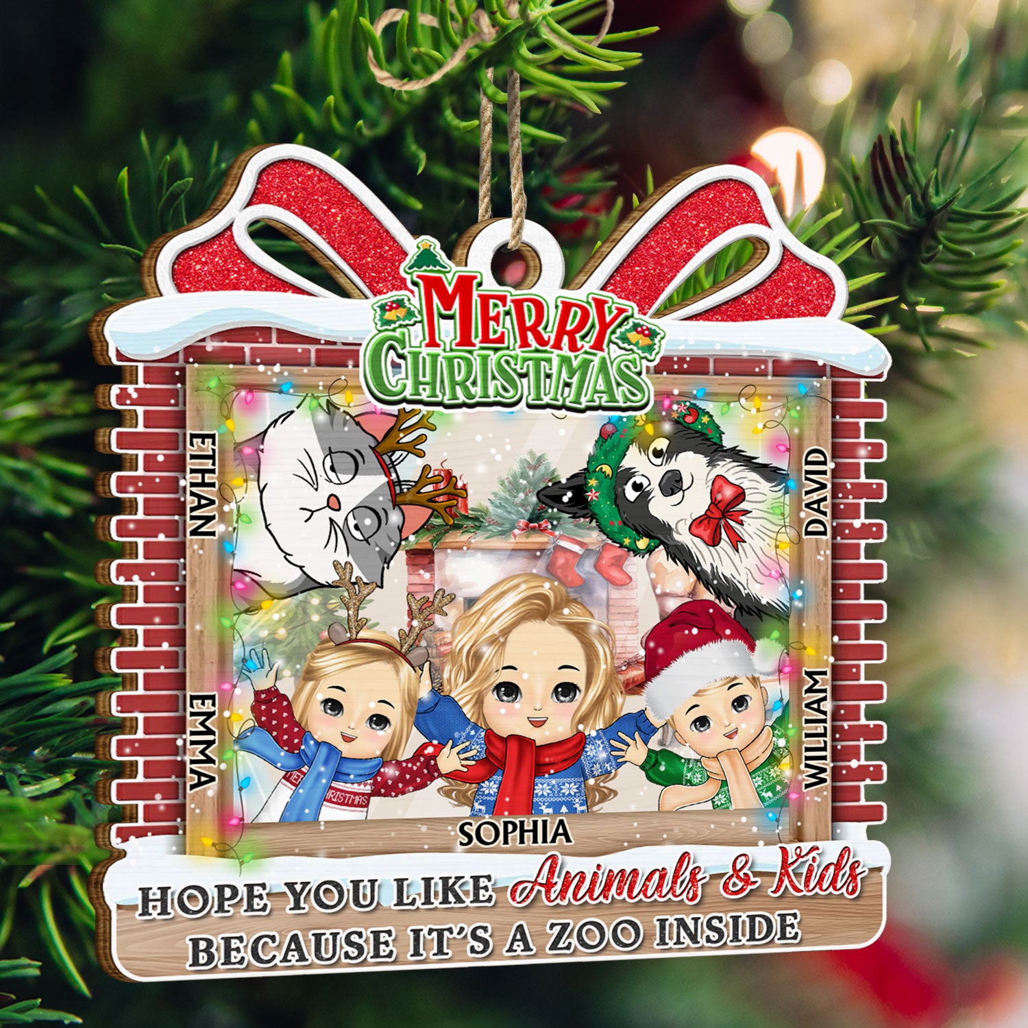 Merry Christmas Hope You Like Animals And Kids - Christmas Gift For Family, Parents, Pet Lovers - Personalized Custom Shaped Wooden Ornament