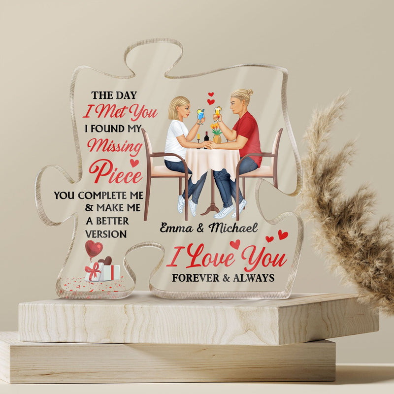 I Found My Missing Piece Couple Sideview Sitting - Gift For Spouse, Husband, Wife - Personalized Puzzle Shaped Acrylic Plaque