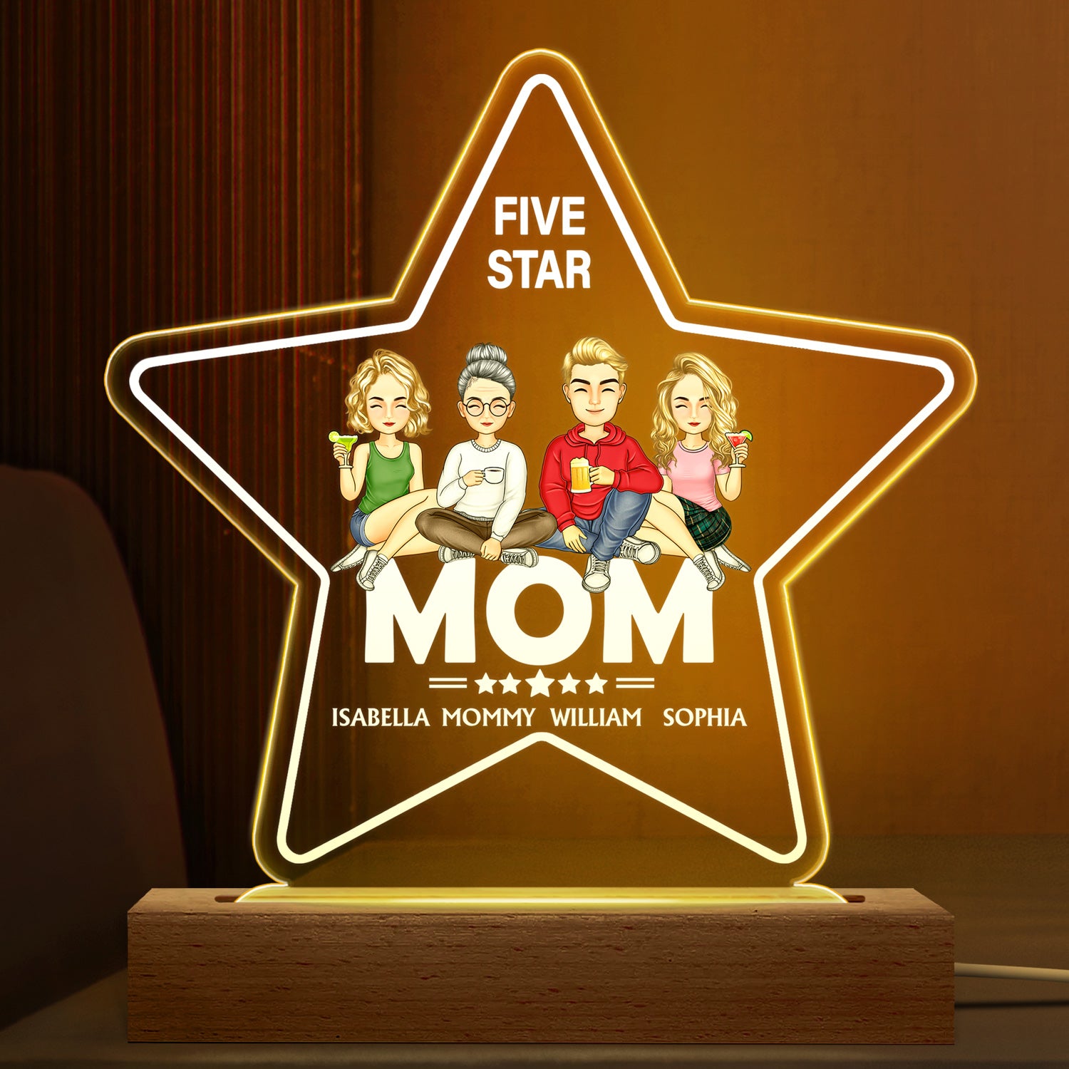 Five - Star Mom - Gift For Mothers - Personalized 3D Led Light Wooden Base