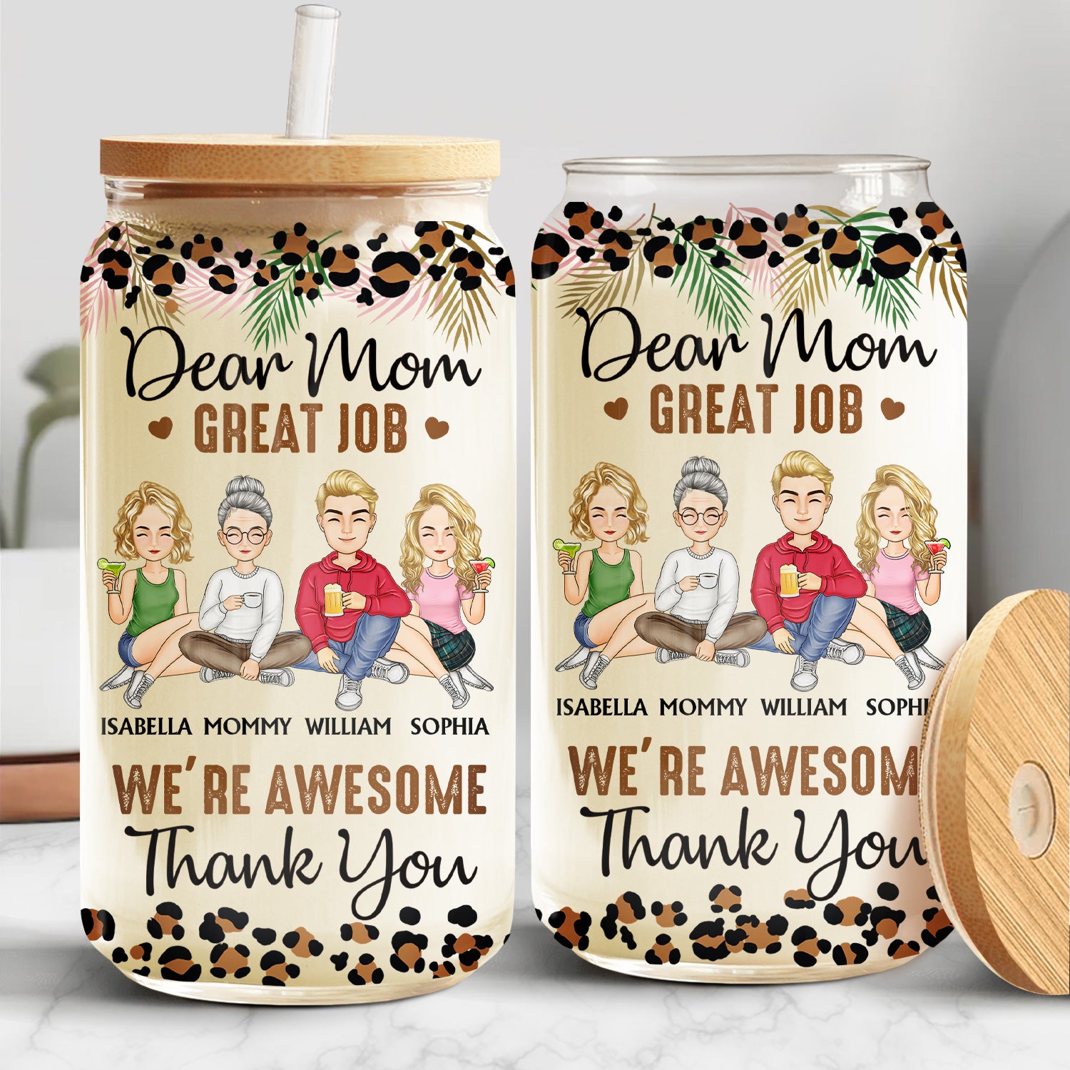 Dear Mom Great Job We're Awesome Thank You - Birthday, Loving Gift For Mother, Grandma, Grandmother - Personalized Clear Glass Can