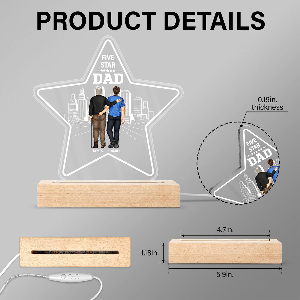 Five - Star Dad - Gift For Fathers - Personalized 3D Led Light Wooden Base