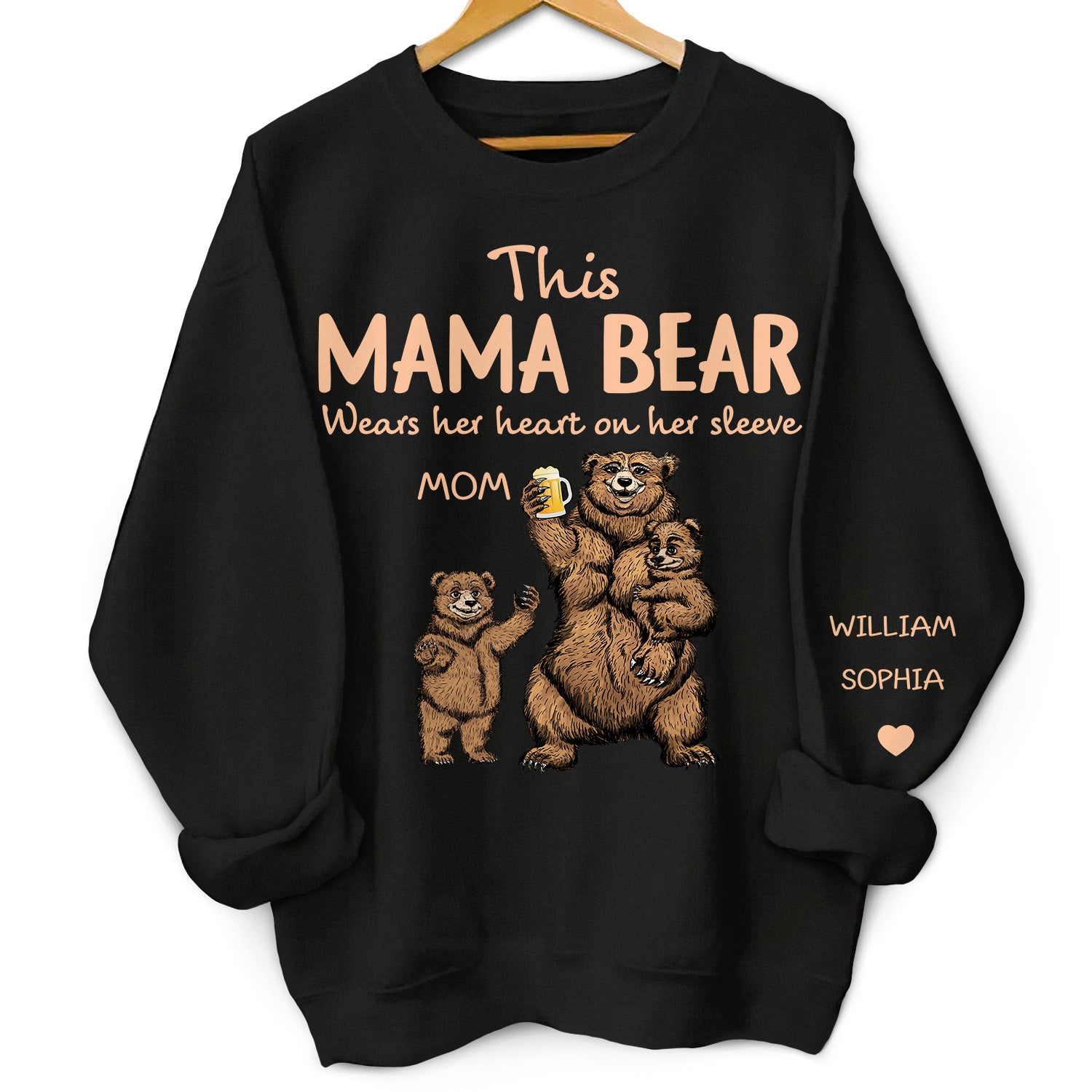 This Mama Bear Wears Her Heart - Gift For Mom, Nana - Personalized Unisex Sweatshirt With Design On Sleeve