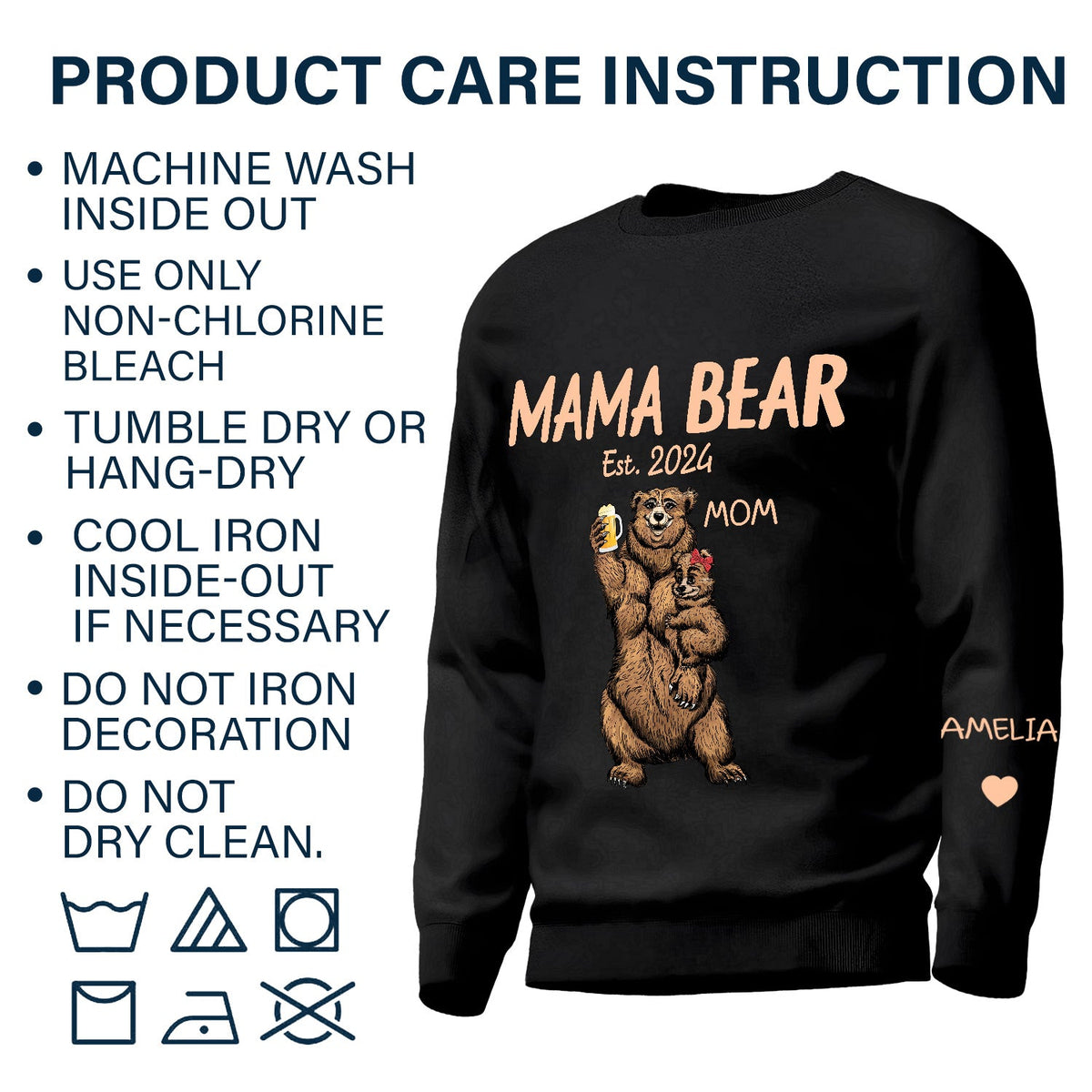 This Mama Bear Wears Her Heart - Gift For Mom, Nana - Personalized Unisex Sweatshirt With Design On Sleeve
