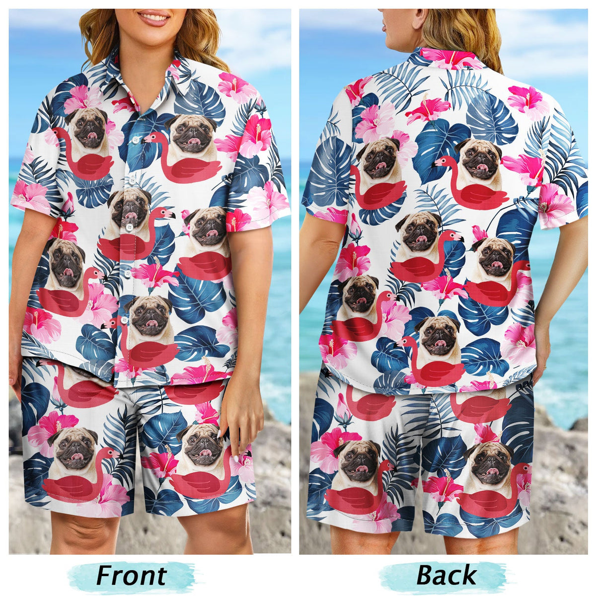 Custom Photo Funny Family Pet Face - Gift For Couples, Best Friends, Siblings, Dog And Cat Lovers - Personalized Hawaii Set Shirt And Shorts