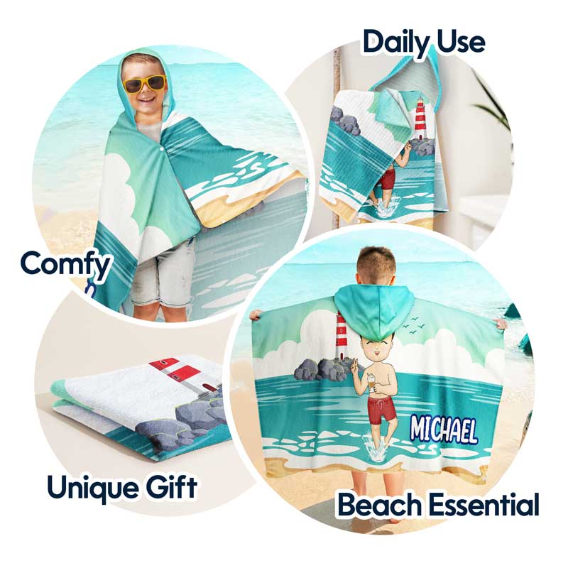 Kids On The Beach Sand Pool - Personalized Hooded Beach Towel