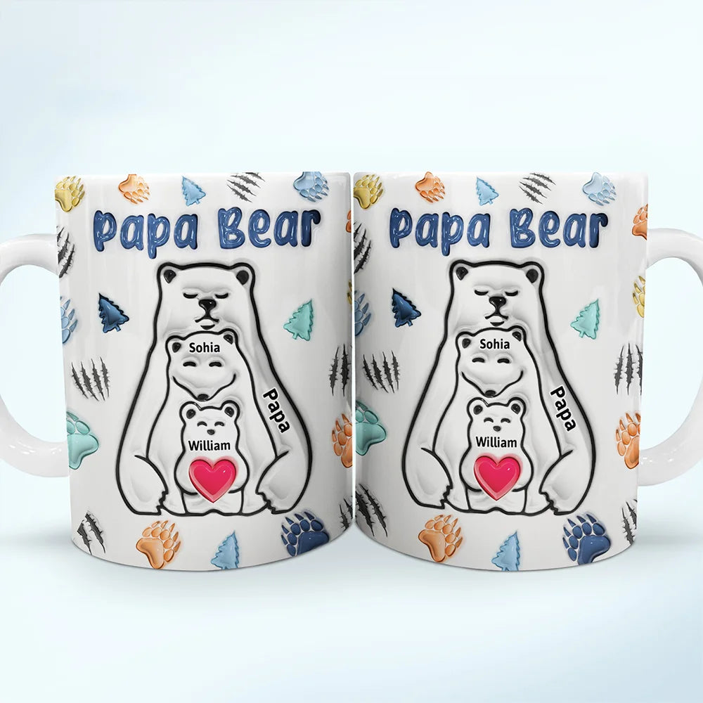 Papa Bear - Mug imprimé effet gonflé 3D, mug blanc personnalisé bord à bord