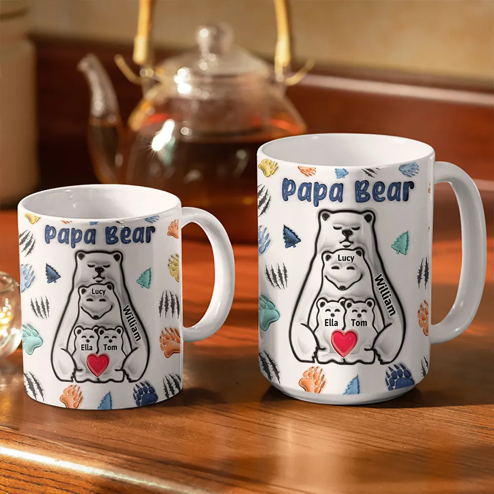 Papa Bear - Mug imprimé effet gonflé 3D, mug blanc personnalisé bord à bord