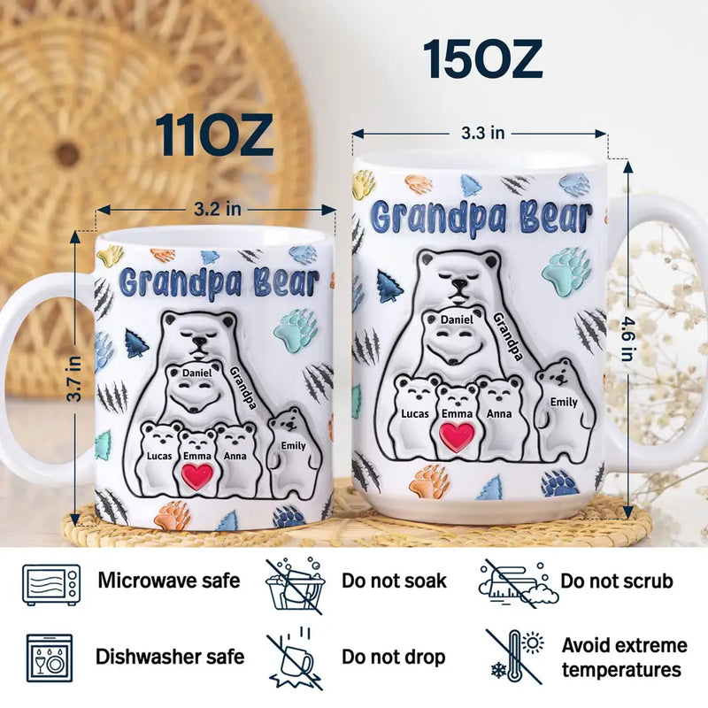 Papa Bear - Mug imprimé effet gonflé 3D, mug blanc personnalisé bord à bord