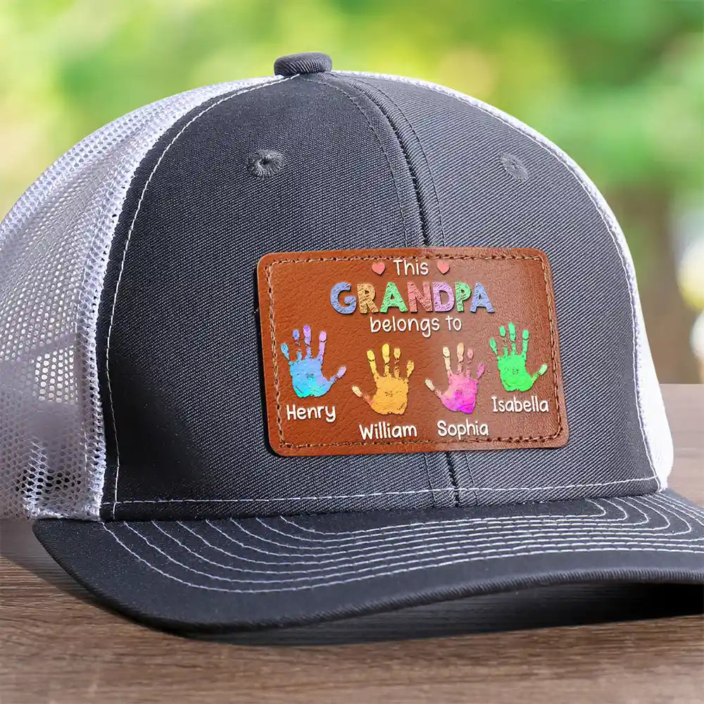 This Grandpa Daddy Belongs To Handprints - Personalized Leather Patch Hat