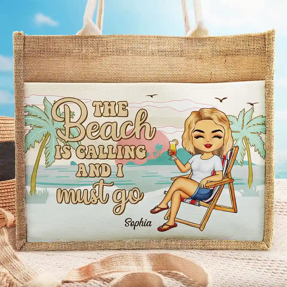 The Beach Is Calling And I Must Go - Personalized Jute Tote Bag