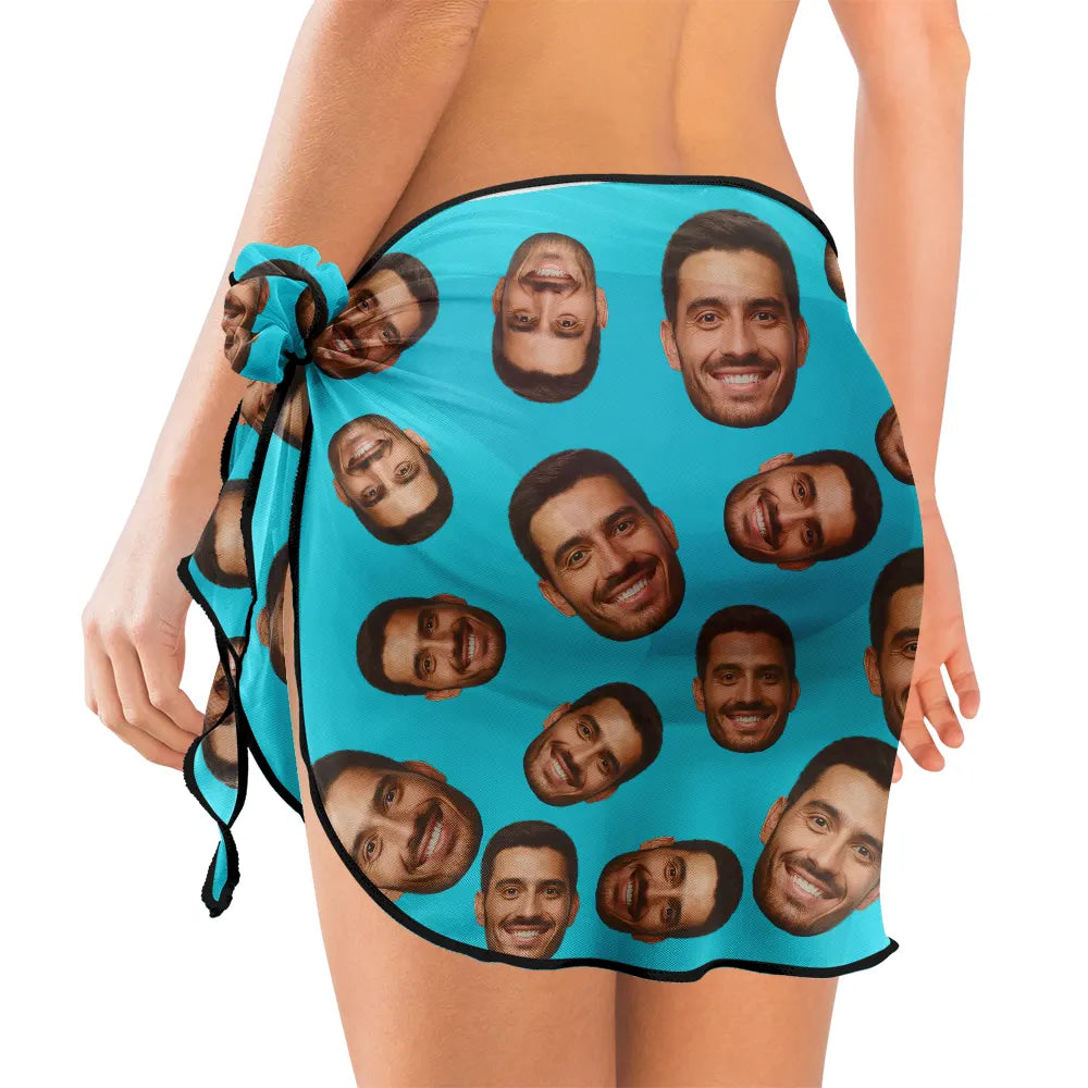 Custom Photo Funny Face Beach Lake - Personalized Short Sarong Swimwear Cover Ups