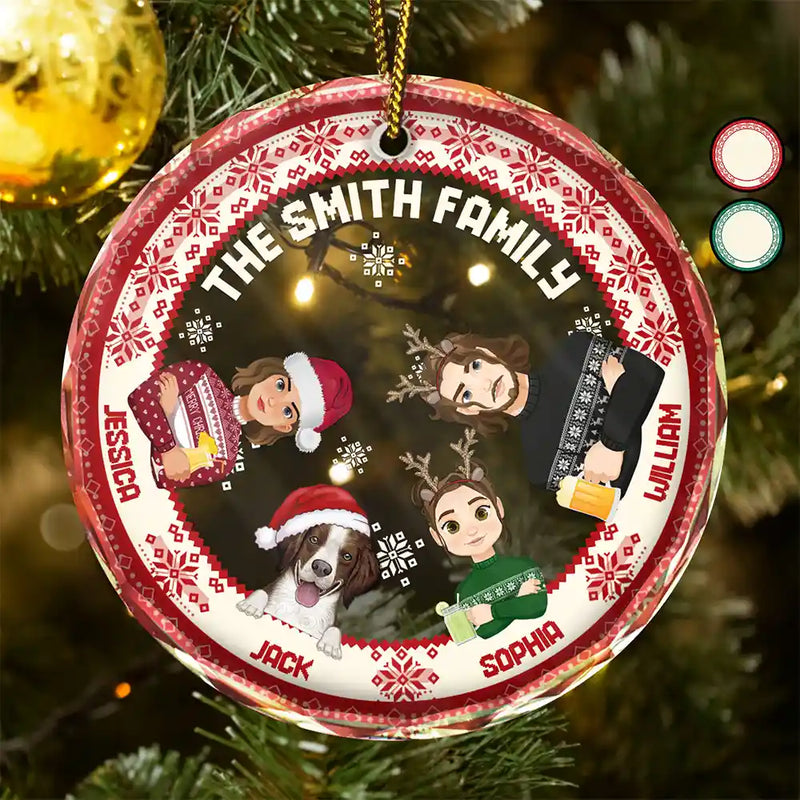 Flat Art Family Sweater Pattern - Personalized Circle Glass Ornament
