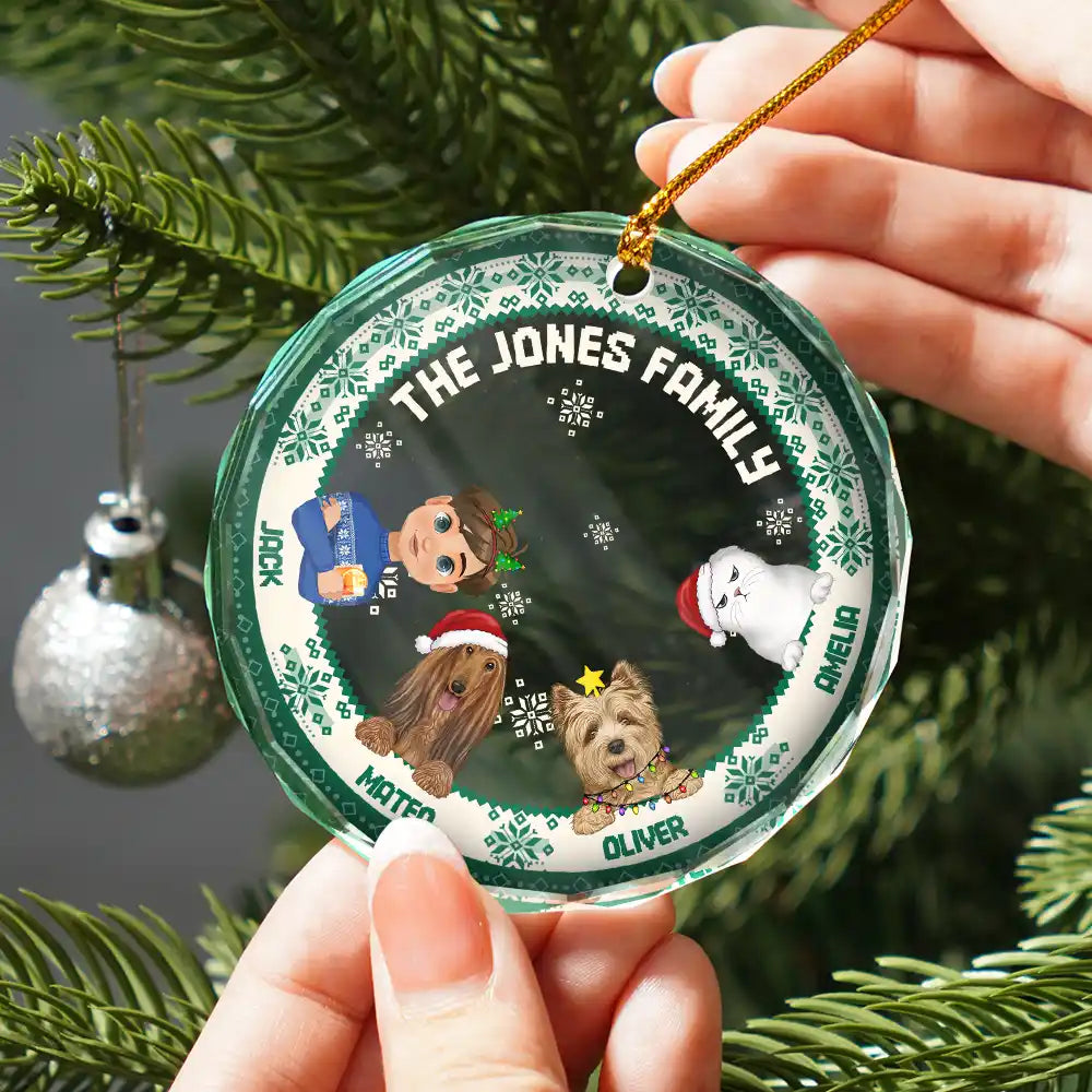 Flat Art Family Sweater Pattern - Personalized Circle Glass Ornament
