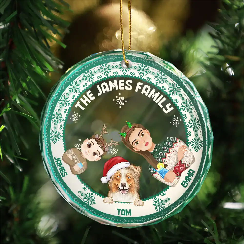 Flat Art Family Sweater Pattern - Personalized Circle Glass Ornament