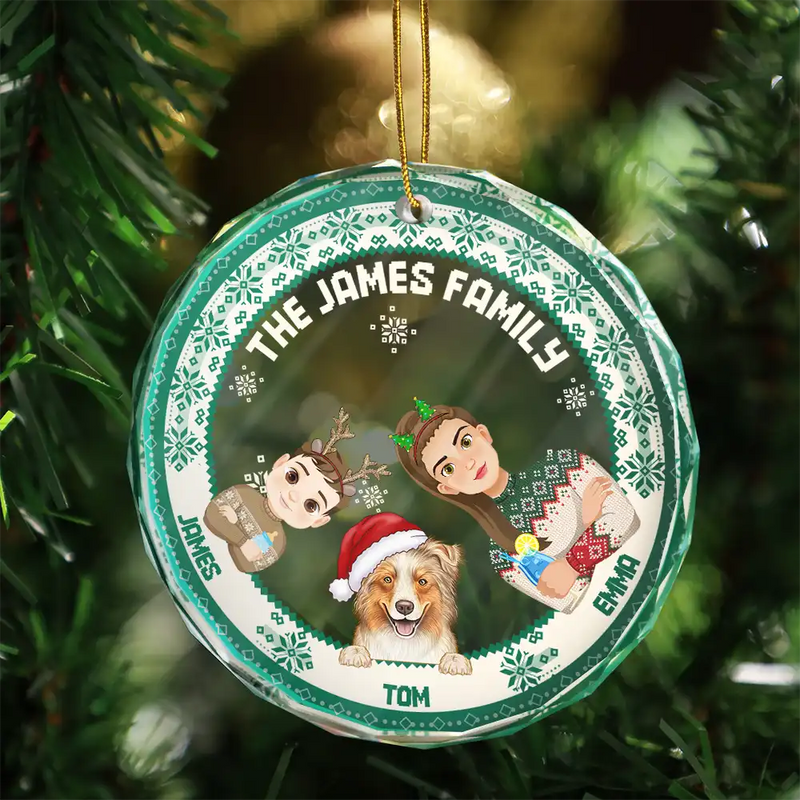 Flat Art Family Sweater Pattern - Personalized Circle Glass Ornament